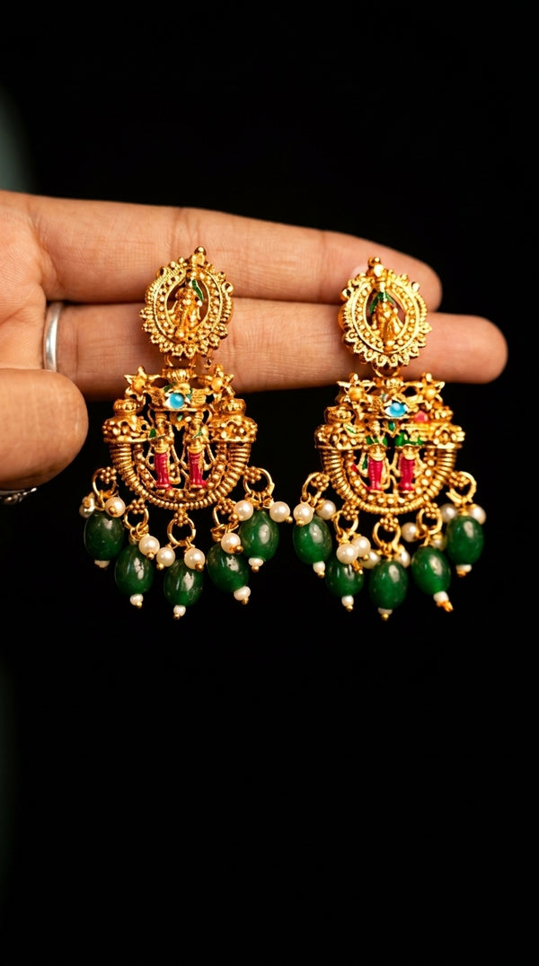 Ram Parivar Temple Long Haram Set | Gold Plated Navaratan Long Chain & Chandbali Earrings | Multicolour Meenakari South Indian Bridal Set
