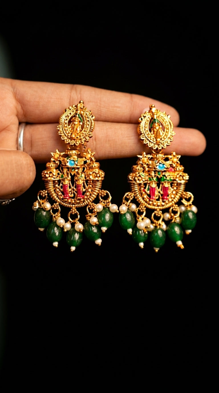 Ram Parivar Temple Long Haram Set | Gold Plated Navaratan Long Chain & Chandbali Earrings | Multicolour Meenakari South Indian Bridal Set