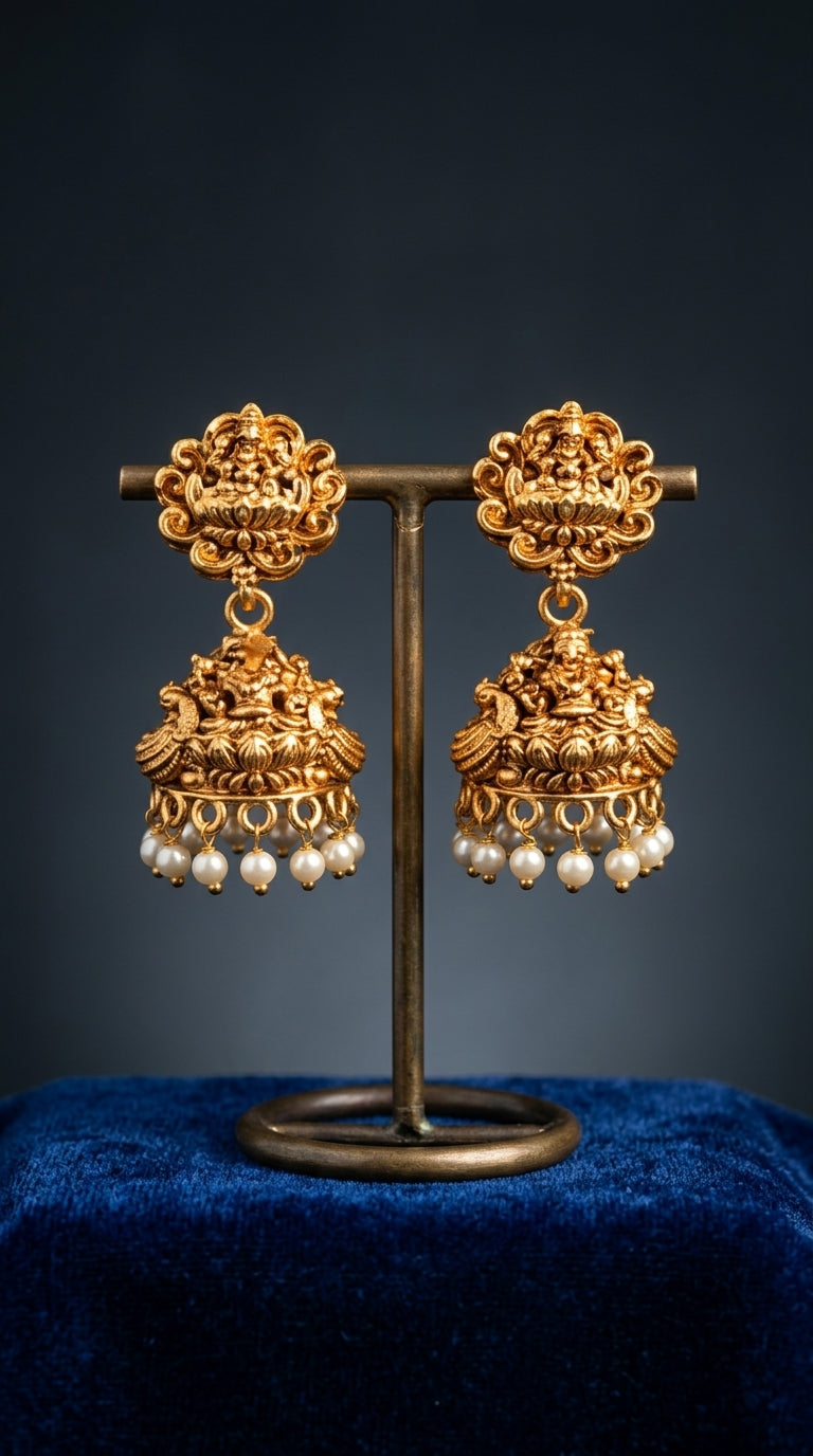 Gold earrings with pearl drops on a dark background