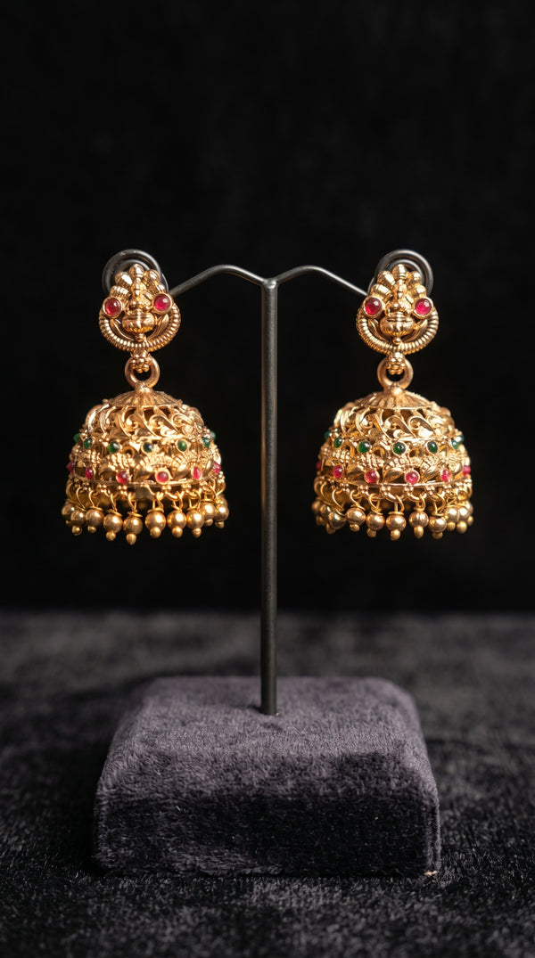 Antique Gold Peacock Body Scroll Link Chain Lakshmi Chandbali Bridal Set | Gaja Kemp Stone Double Necklace Haram Pearl Drops Granulation Jhumka