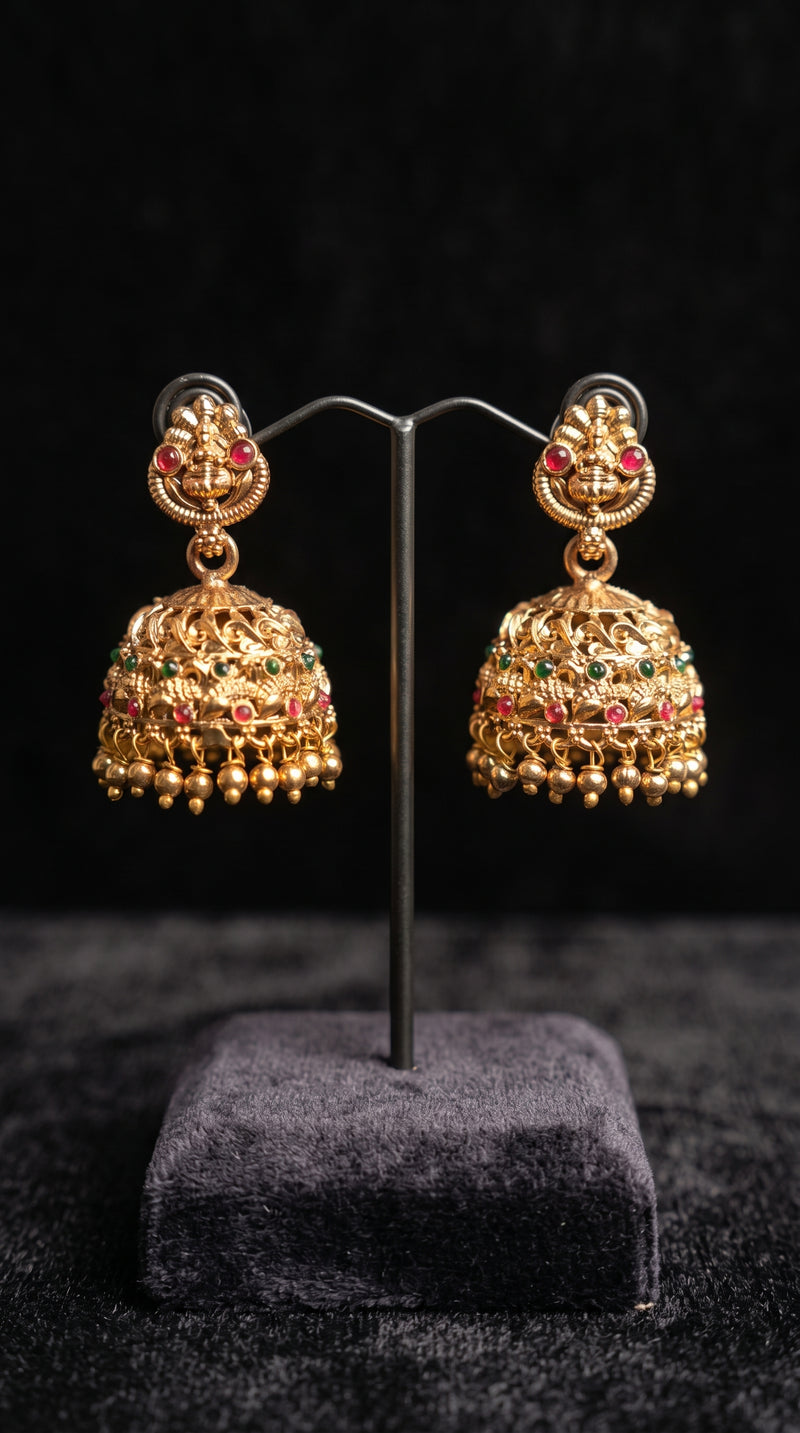 Antique Gold Peacock Body Scroll Link Chain Lakshmi Chandbali Bridal Set | Gaja Kemp Stone Double Necklace Haram Pearl Drops Granulation Jhumka