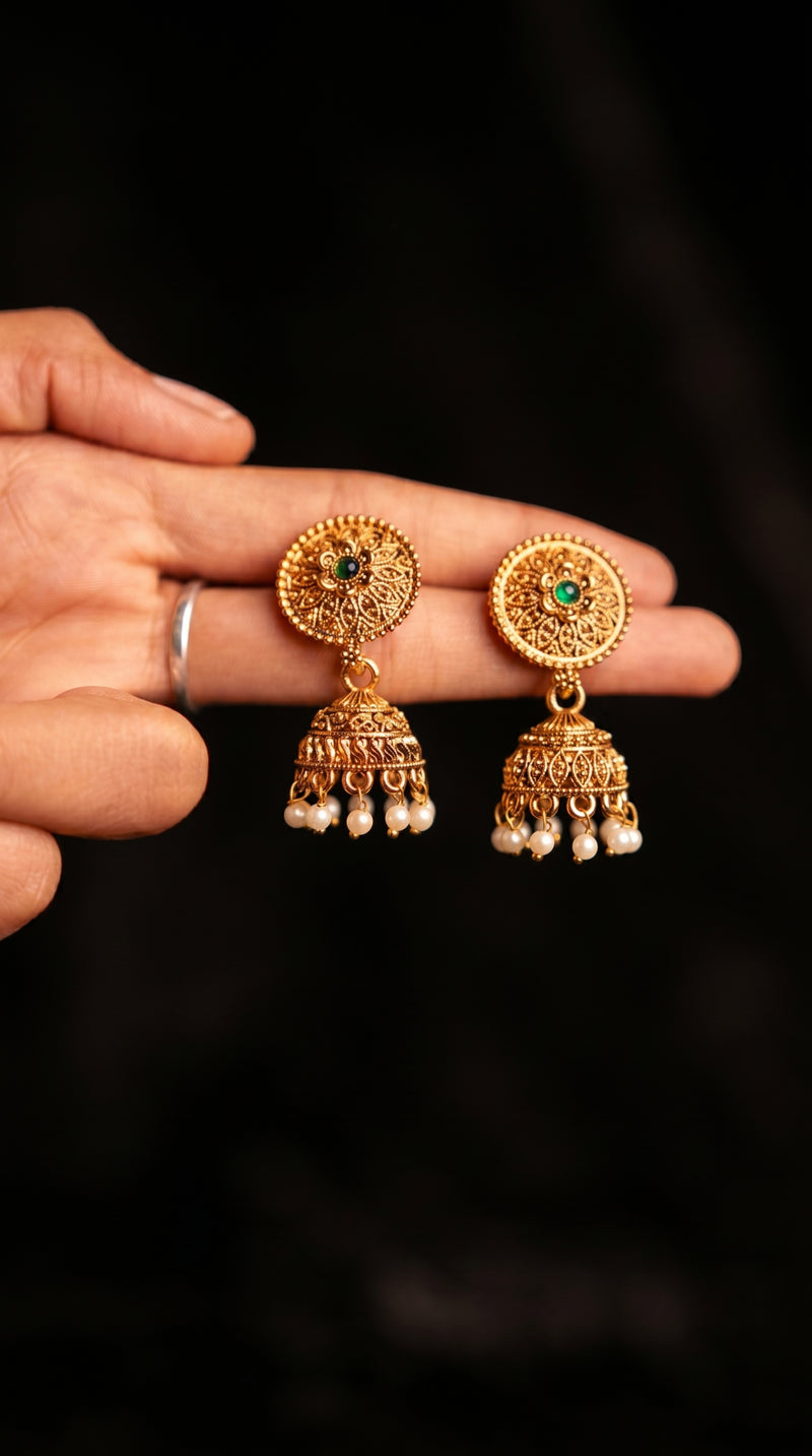 Twin Fringe Chain Lakshmi Disc Bridal Set | Gold Ball & Mango Spike Double Necklace Haram Matching Circular Jhumka | Antique Temple Jewellery