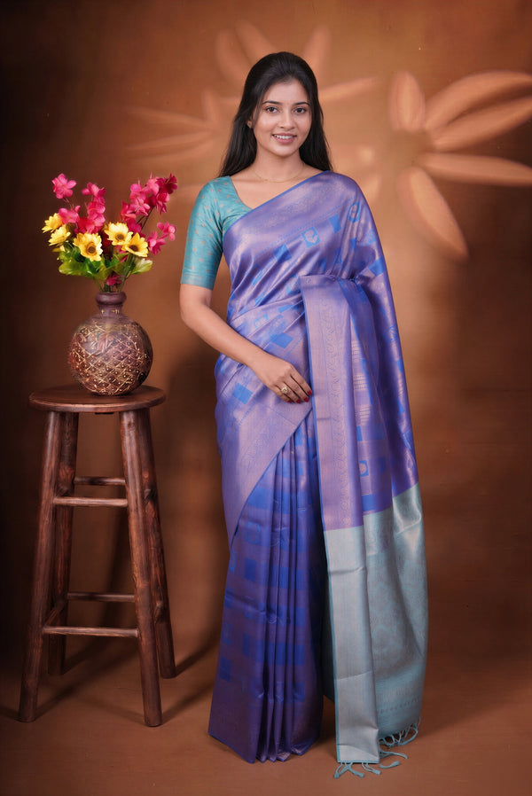 Fancy Cotton Saree | Royal Blue with Silver Grey Border & Lotus Motif Weave | Festive Wear