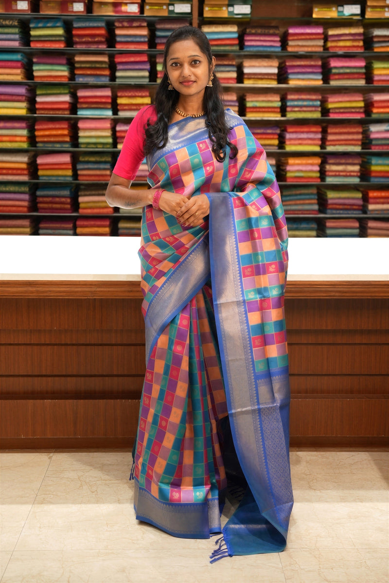 Fancy Cotton Saree | Multicolour Check with Royal Blue Silver Gold Zari Border & Pallu | Festive Wear