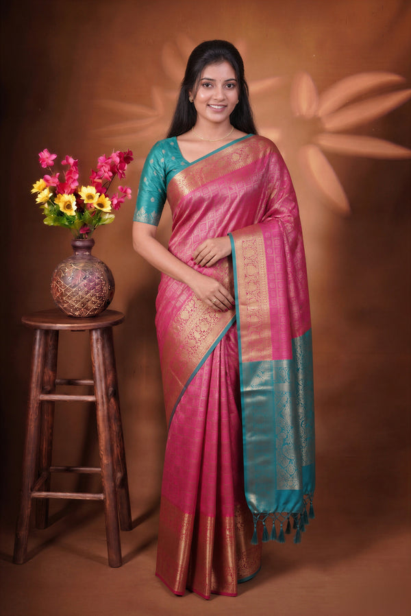 Fancy Cotton Saree | Pink with Teal Green Pallu & Checkered Golden Weave | Festive Wear