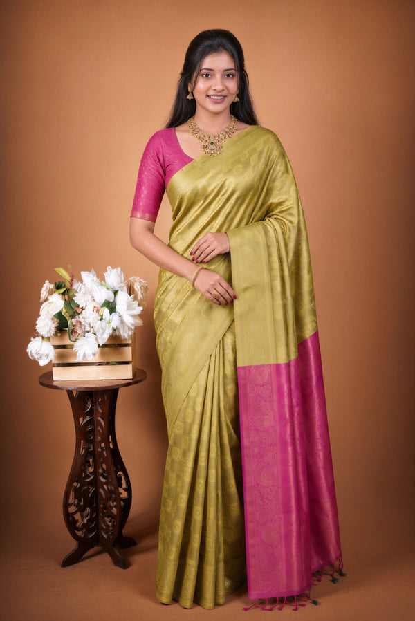 Fancy Cotton Saree | Lime Green with Magenta Pink Pallu & Paisley Weave | Festive Wear