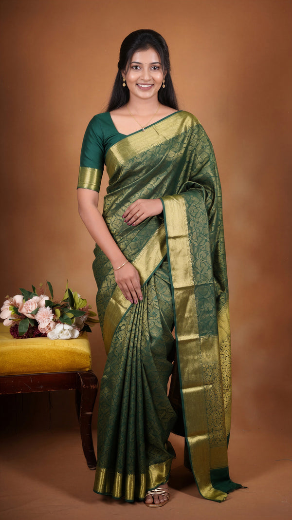 Forest Green Brocade Georgette Saree | Gold Zari Full Weave & Pallu | Festive Occasion Wear