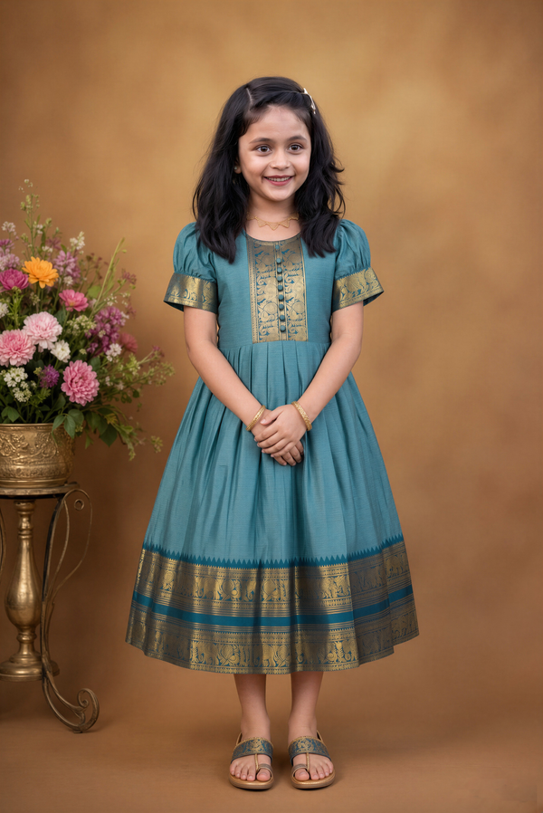 Girls Cotton Silk Frock | Sky Blue with Gold Zari Temple Border | Festive & Function Wear
