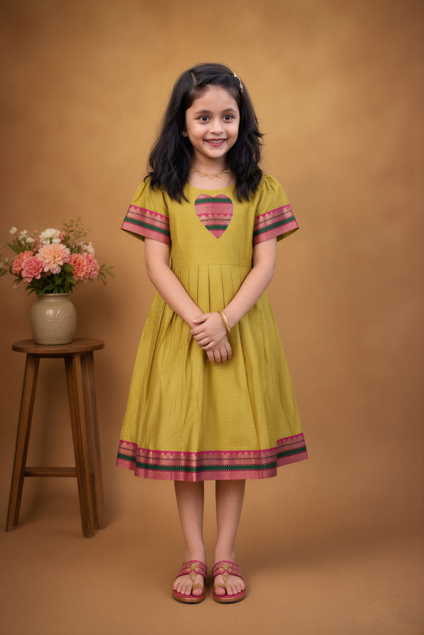 Girls Cotton Silk Frock | Mustard with Pink Green Zari Border | Festive & Function Wear