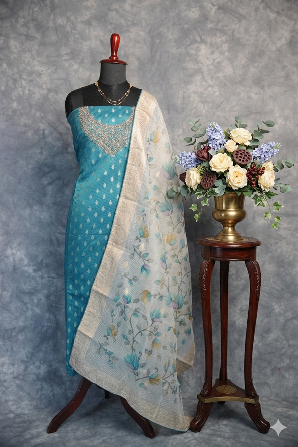 Aqua Gold Floral Grace Chudi Material Set