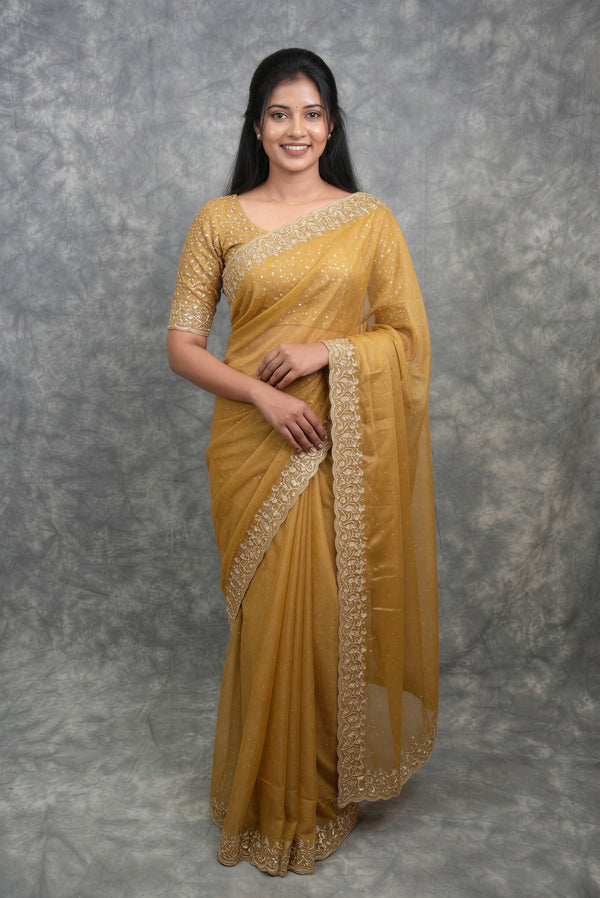 Golden Mustard Net Saree | Stone Embroidered Border & Pallu | Party Wear Wedding Reception