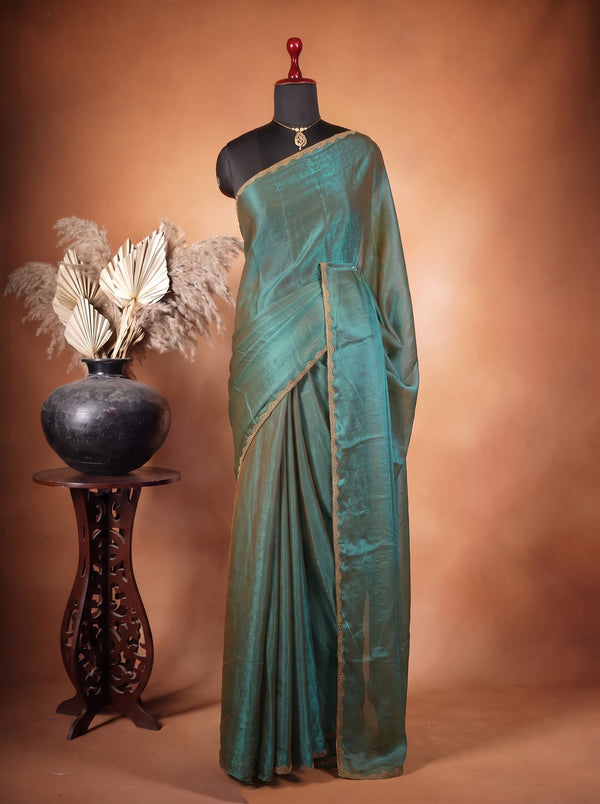 Space Silk Saree | Green with Shimmer Finish and Gold Scalloped Edge | Simple Elegant Wear