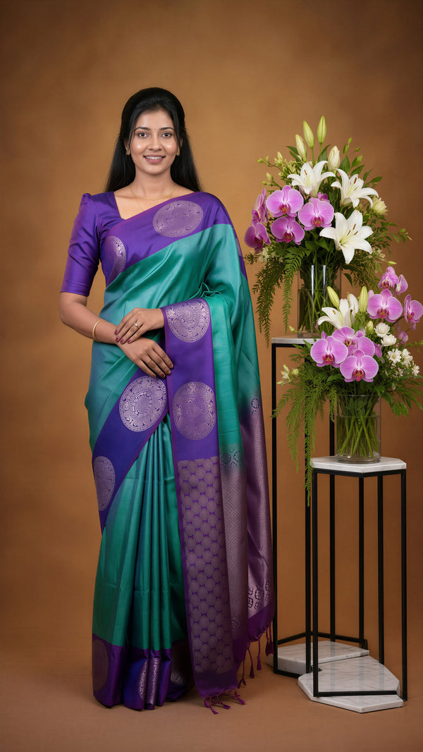 Aqua Green & Royal Purple Soft Silk Saree | Silver Circular Butta | Rich Woven Silver Zari Pallu