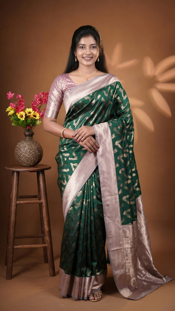 Bottle Green Banarasi Saree | Silver Zari Jaal Work | Festive & Traditional Occasions