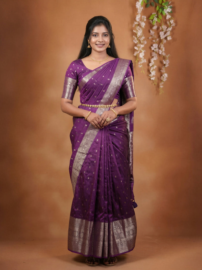 Half Saree Pattu Langa | Purple Shaded Silk with Silver Zari Medallion Border | Half Saree Ceremony Wear