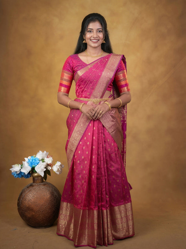 Half Saree Pattu Langa | Pink to Magenta Shaded Silk with Gold Zari Border | Half Saree Ceremony Wear