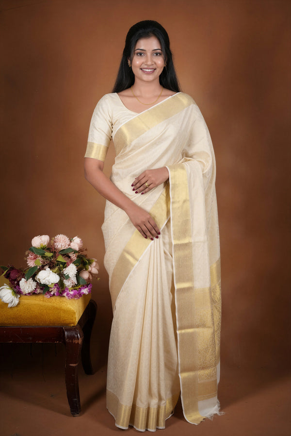 Ivory Gold Brocade Georgette Saree | Full Zari Weave Gold Pallu | Festive Luxury Wear