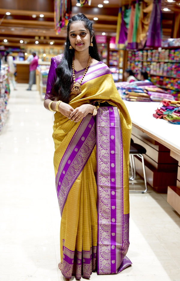 Cotton Saree | Mustard Gold with Magenta Pink Zari Border | Traditional Festive Wear