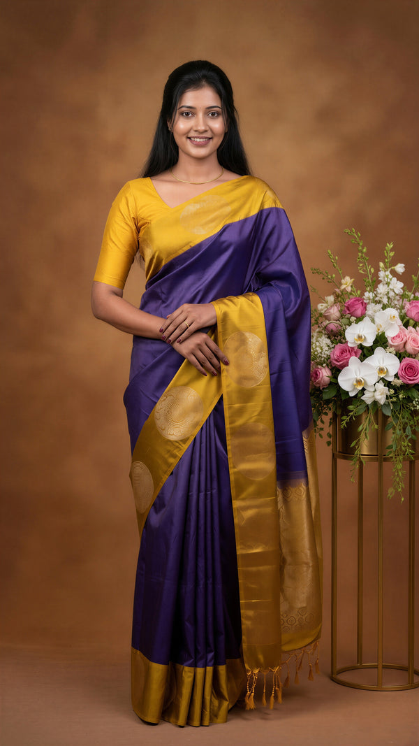 Royal Purple Soft Silk Saree with Mustard Yellow Silver Zari Border | Rich Woven Pallu | Traditional Wedding Wear