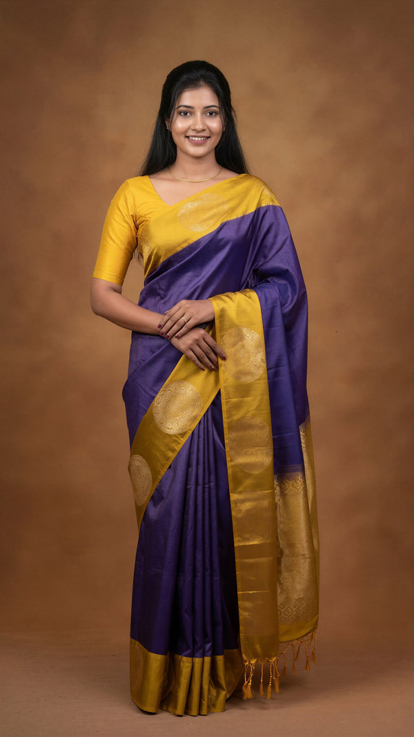 A woman modeling a purple and gold silk saree against a solid brown studio backdrop.