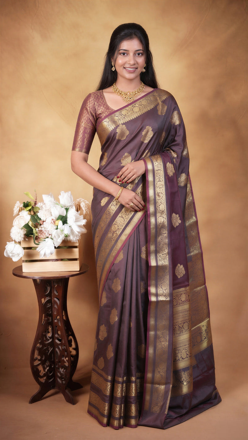 Katan Silk Saree | Coffee Brown with Gold Zari Border | Wedding & Festive Wear