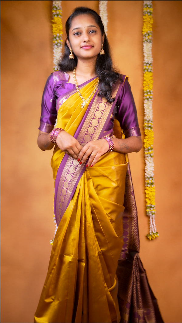 Katan Silk Saree | Mustard Yellow with Purple Gold Zari Medallion Border & Pallu | Wedding & Festive Wear
