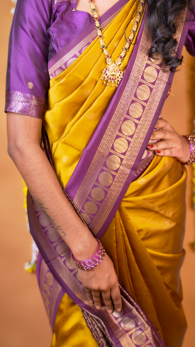 Katan Silk Saree | Mustard Yellow with Purple Gold Zari Medallion Border & Pallu | Wedding & Festive Wear