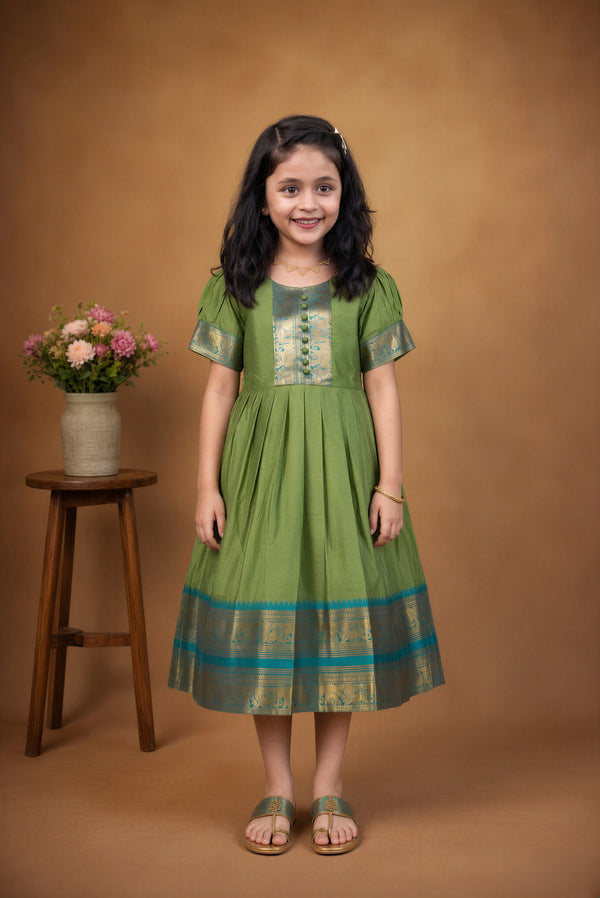 Olive Green Girls Cotton Silk Frock | Teal Gold Zari Border | Festive Party Wear