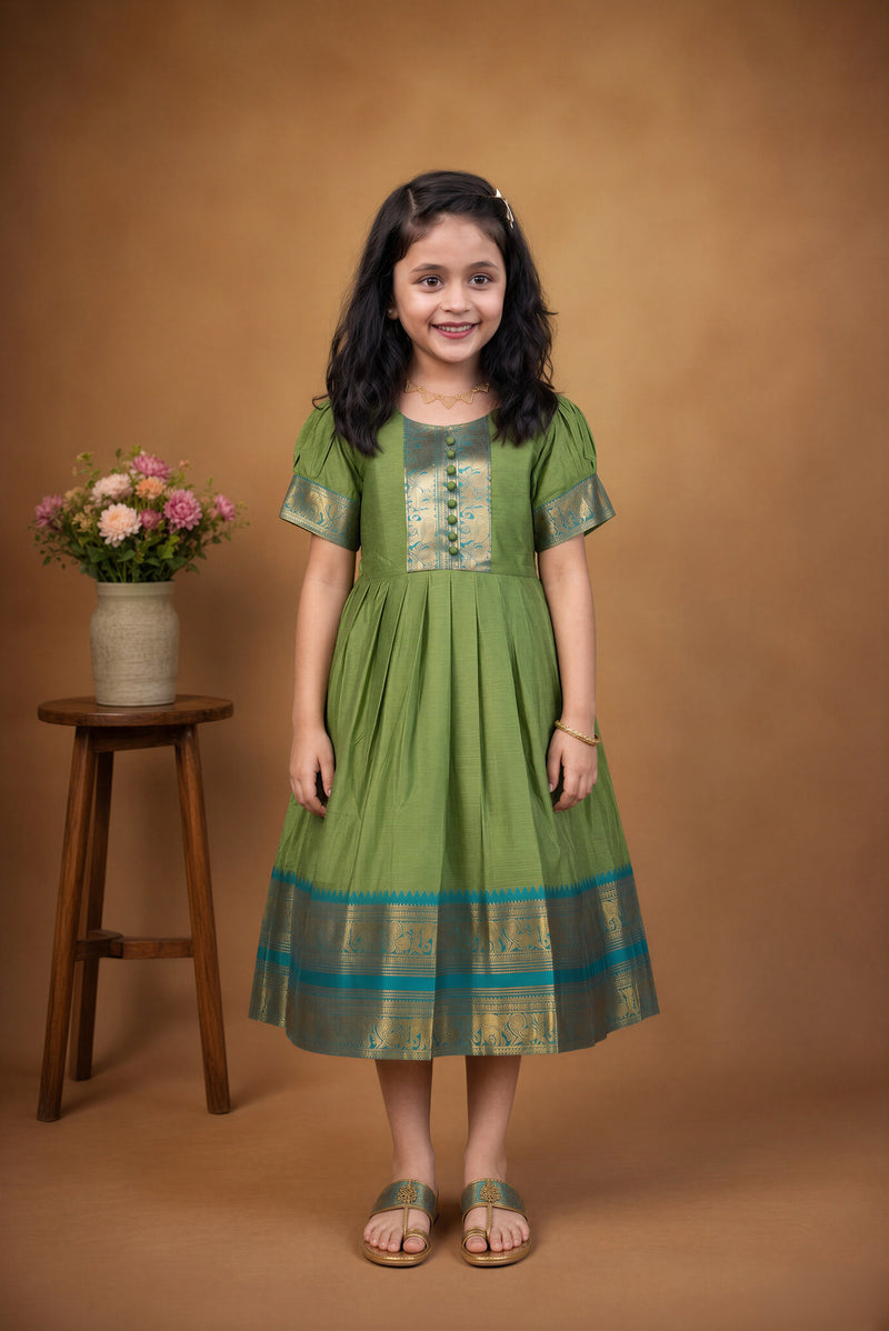 Olive Green Girls Cotton Silk Frock | Teal Gold Zari Border | Festive Party Wear