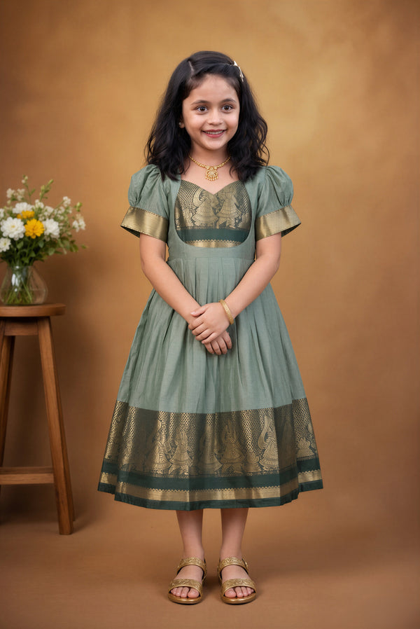 Sage Green Girls Frock | Gold Zari Krishna Motif Design | Traditional Occasion Wear