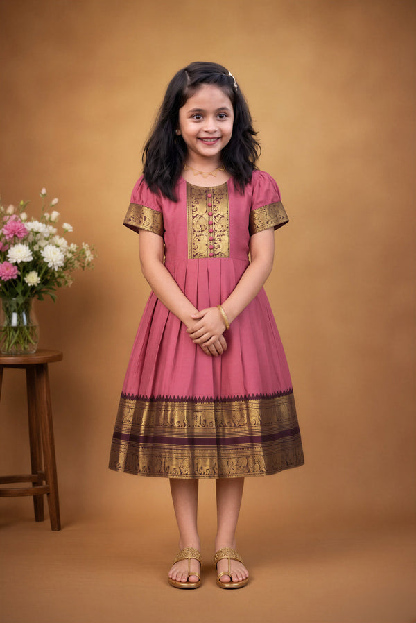 Rose Pink Girls Cotton Silk Frock | Zari Button Yoke Design | Party Wear