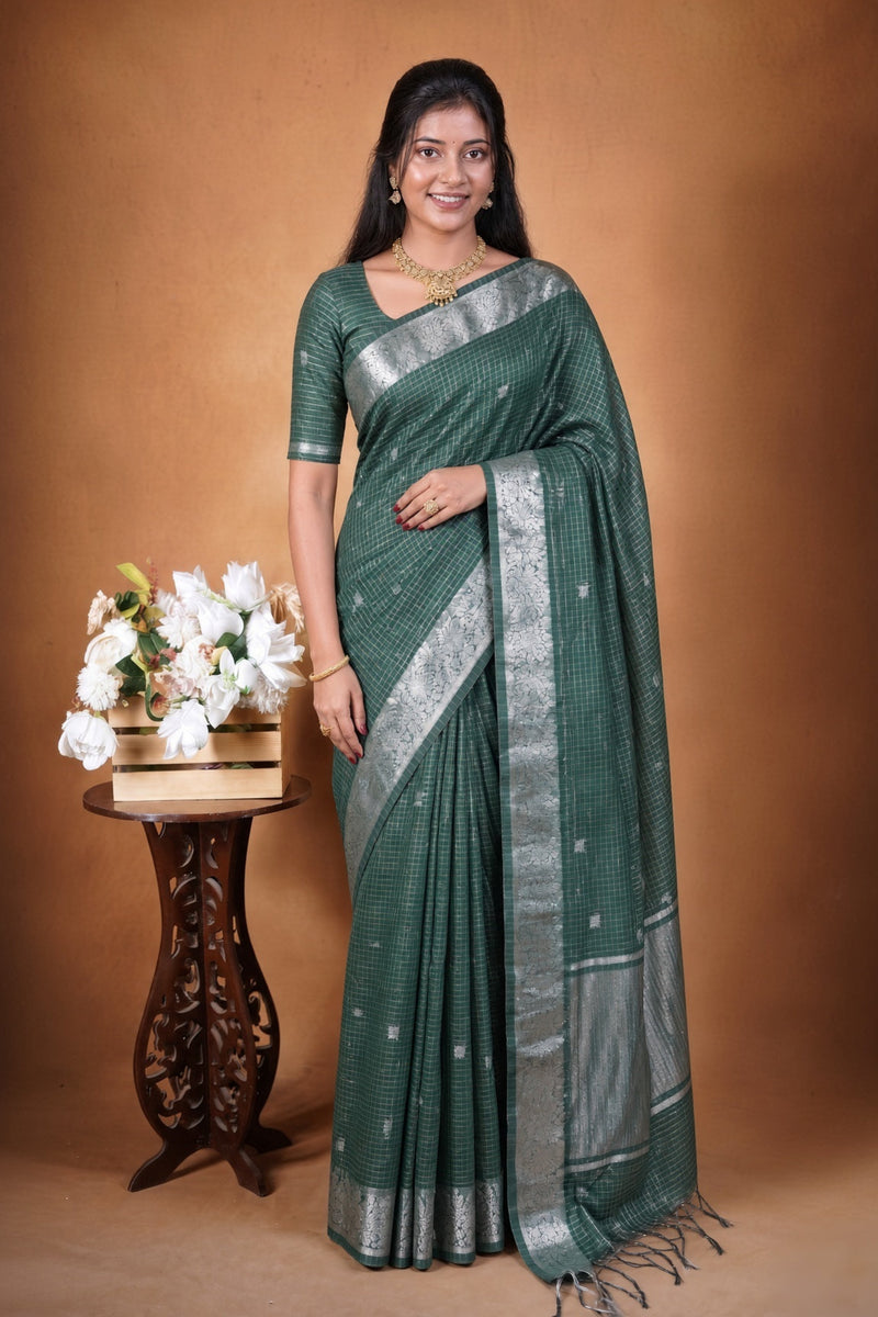 Kota Cotton Saree | Bottle Green with Silver Zari Floral Border | Casual & Festive Wear