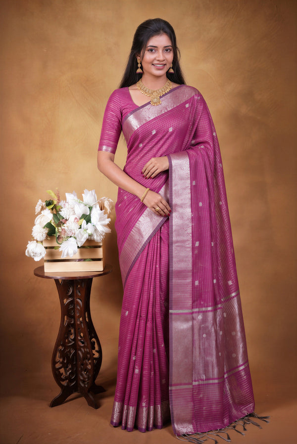 Kota Cotton Saree | Magenta Purple with Silver Zari Floral Border | Casual & Festive Wear