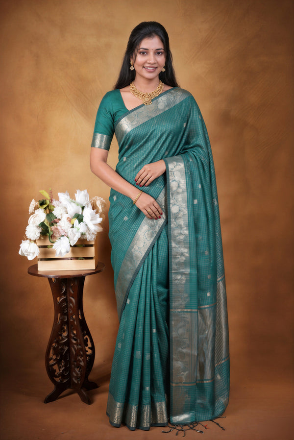 Kota Cotton Saree | Sea Green with Silver Grey Floral Pallu | Traditional Ethnic Wear