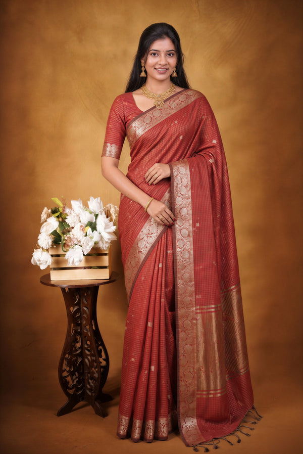 Bronze Kota Cotton Saree | Checkered Weave with Contrast Silver Border | Office & Daily Wear