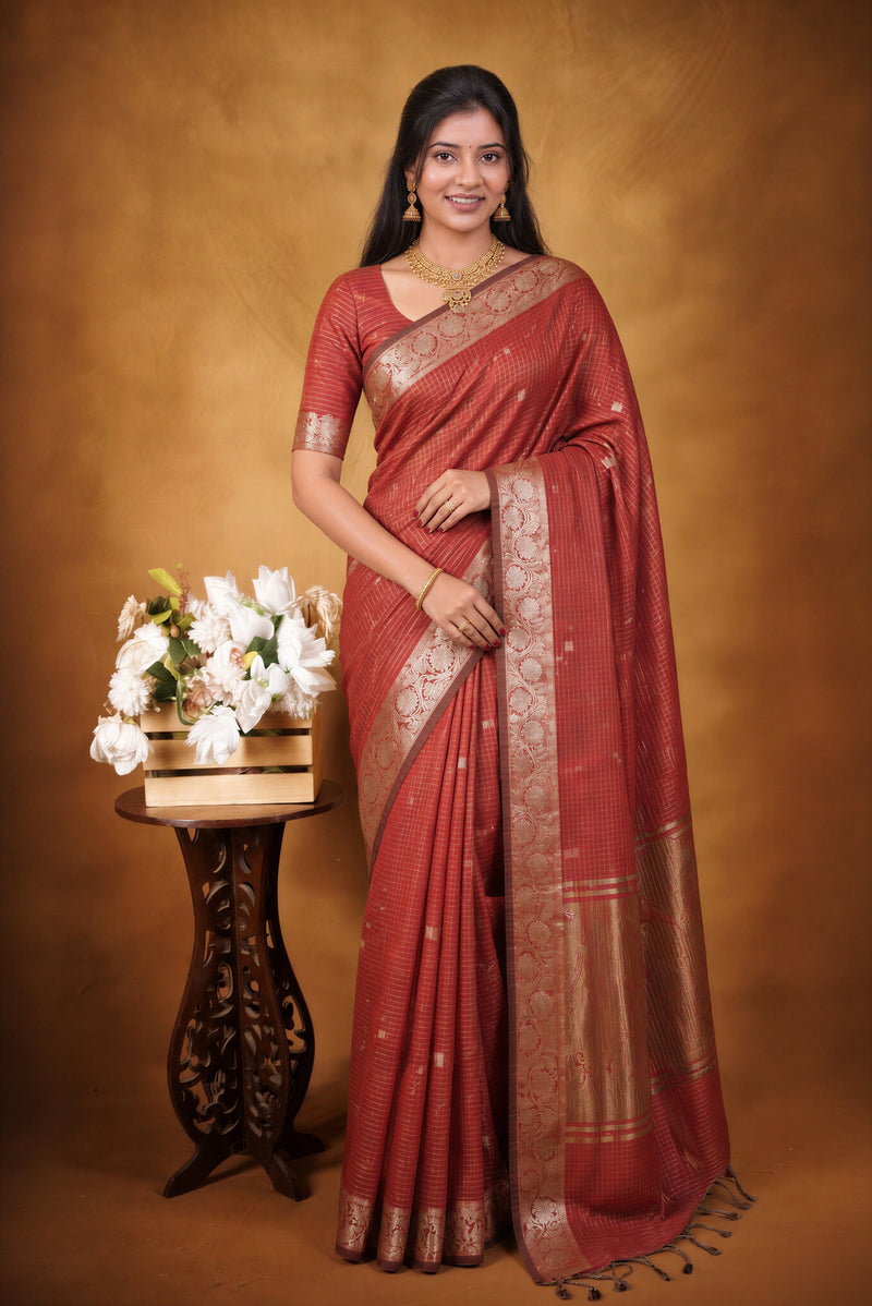 Bronze Kota Cotton Saree | Checkered Weave with Contrast Silver Border | Office & Daily Wear
