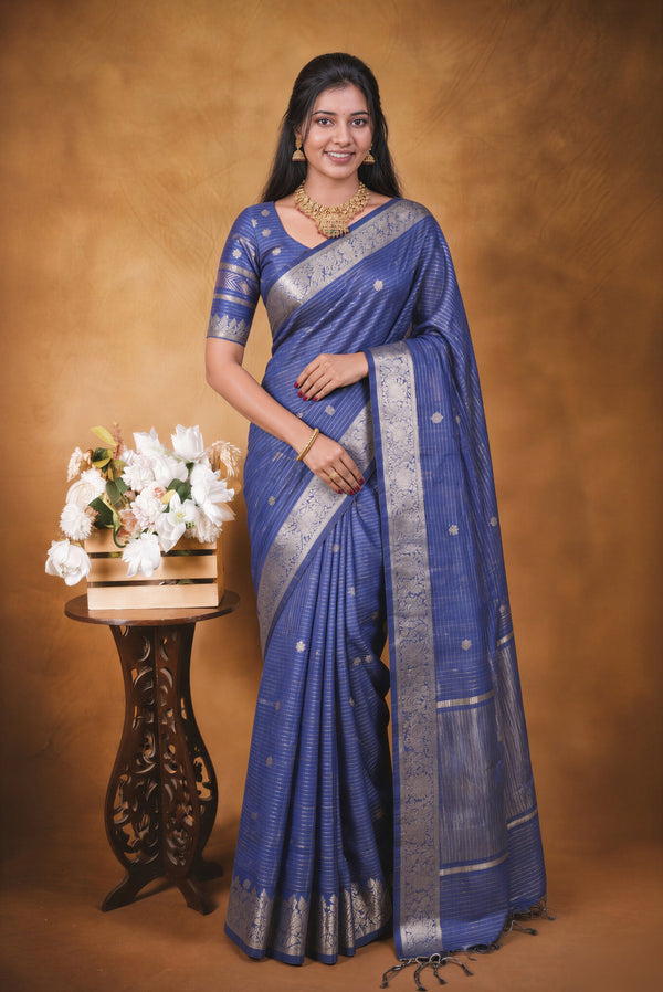 Kota Cotton Saree | Navy Blue with Silver Zari Floral Border | Casual & Festive Wear