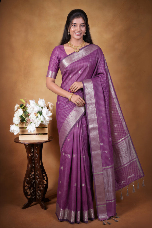 Kota Cotton Saree | Purple with Silver Zari Floral Border | Casual & Festive Wear