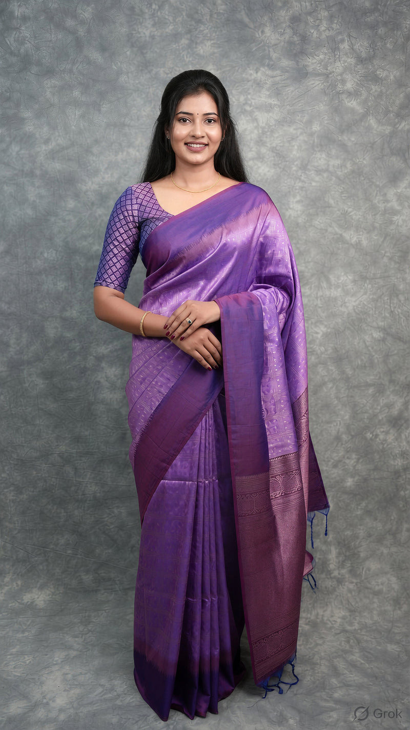 A woman modeling a purple silk saree with a matching purple patterned blouse, standing against a textured gray studio backdrop.