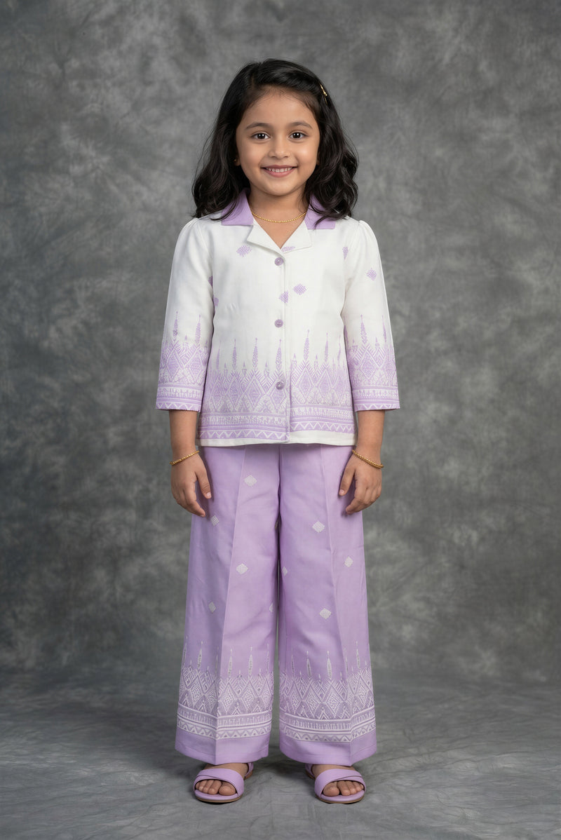 Lavender Girls Western Dress | Printed Cotton Palazzo Pant Full Sleeve | Casual Party Wear