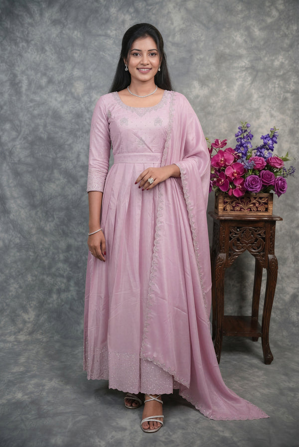 Lavender Pink Chiffon Maxi Set | Stone Border Scallop Detail | Festive & Party Wear