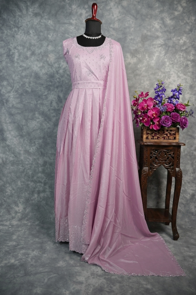 Lavender Pink Chiffon Maxi Set – A soft and graceful maxi set crafted from airy chiffon in a soothing lavender pink tone, designed for an elegant and flowy look.