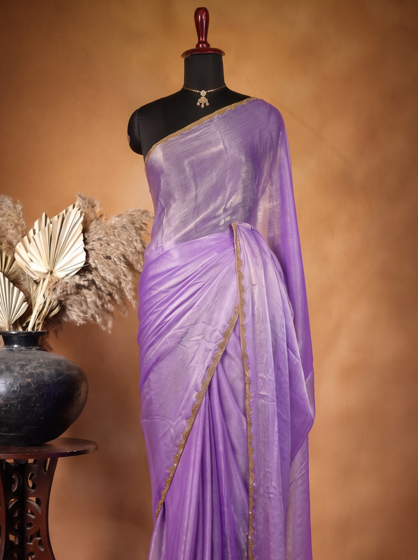 Lavender Purple Space Silk Saree | Plain Silk with Gold Beaded Lace Border | Office & Festive Wear
