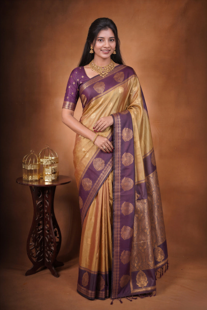 Mayuri Silk Saree | Antique Gold with Purple Paisley Border | Wedding & Festive Wear