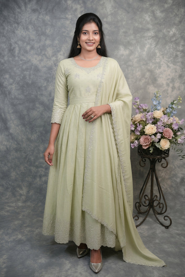 Mint Cream Chiffon Maxi Set | Stone Border Embellished Neckline | Festive Party Wear