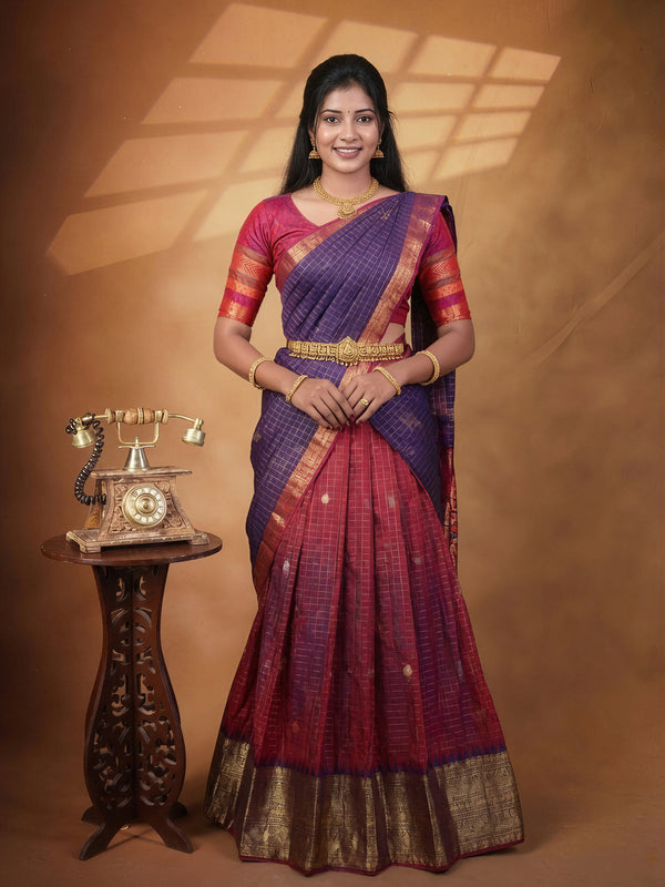 Dark Purple & Red Silk Half Saree | Gold Zari Checks Weave with Temple Border | Bridal Wedding Festive Wear