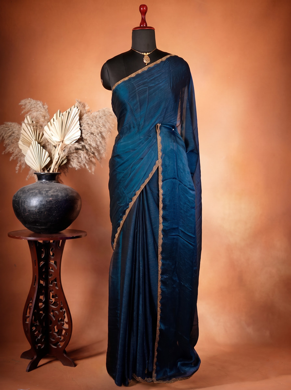 Plain Navy Space Silk Saree | Golden Scalloped Border | Festive & Wedding Guest Wear