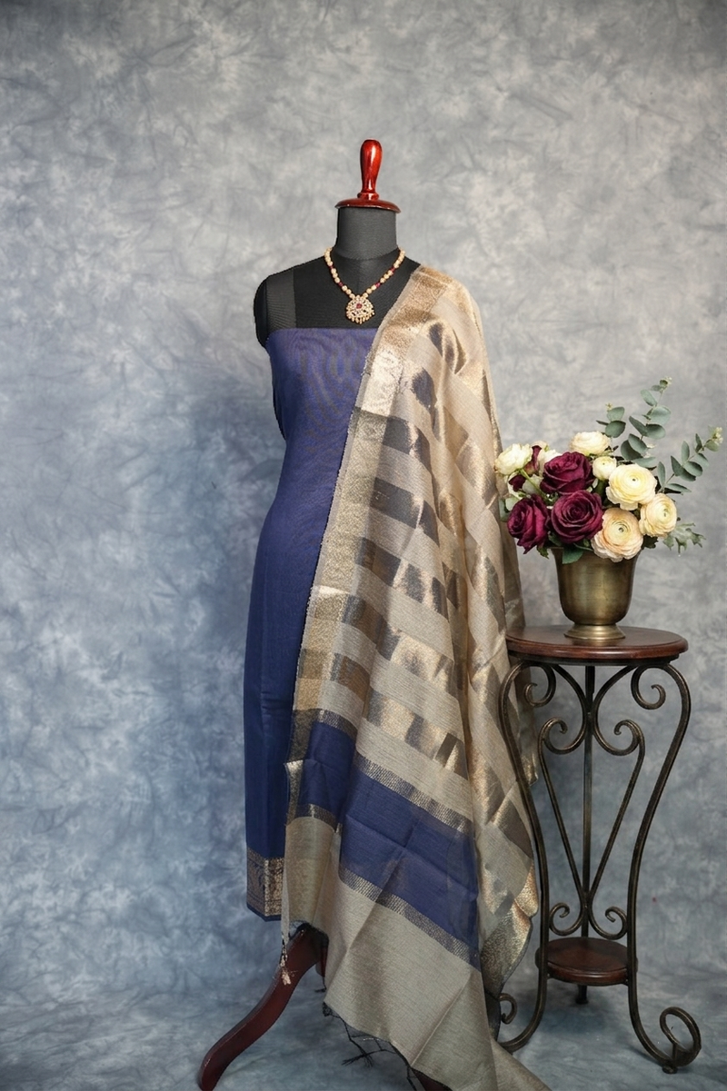 Navy Blue Chudi Material Set | Silk Fabric Gold Zari Border | Festive & Casual Wear