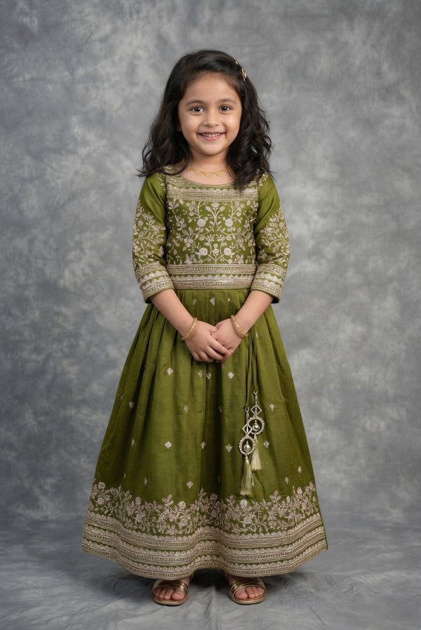 Olive Green Girls Midi Dress | Embroidered Umbrella Cut | Festive & Casual Occasion Wear