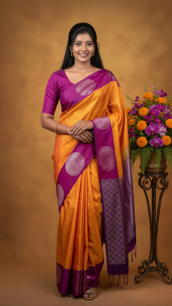 Golden Yellow Soft Silk Saree with Magenta Purple Silver Zari Border | Rich Woven Pallu | Traditional Wedding Wear